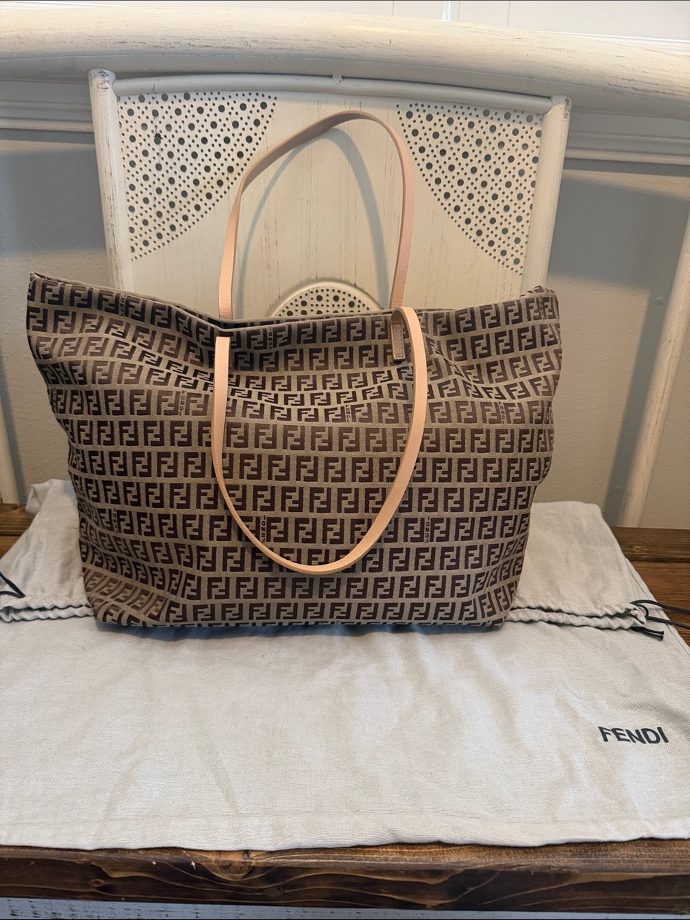 Fendi Brown Zucca Logo Canvas Tote with Natural Leather Straps